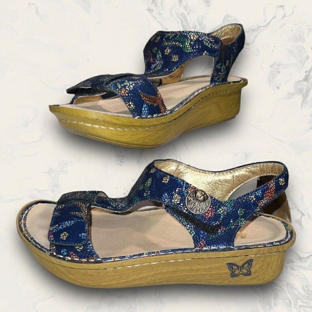 Alegria Kendra Birdland Adjustable Blue Wedge Sandals Women’s Size 7-7.5
